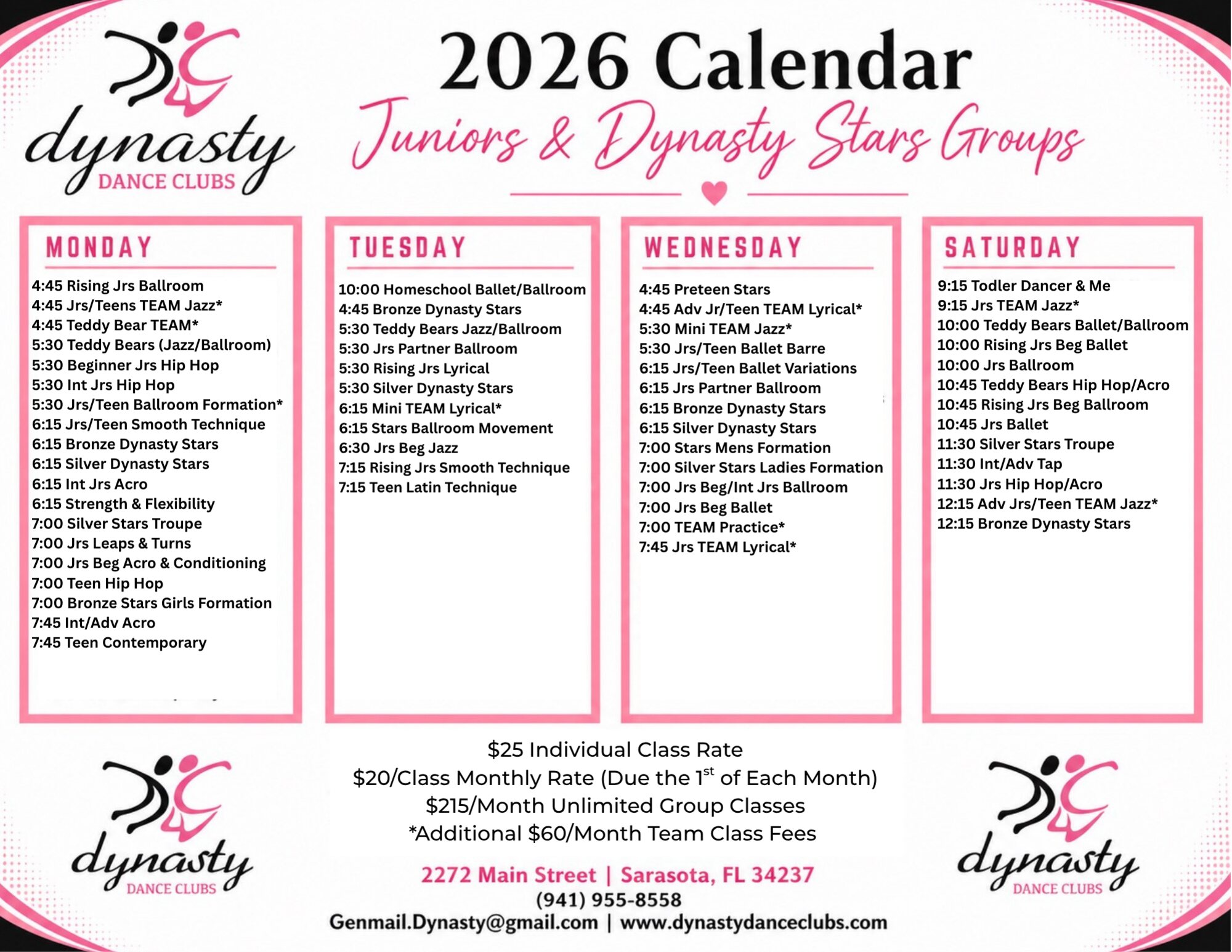 Juniors and Dynasty Stars group class calendar for fall 2026, listing class times for Monday, Tuesday, Wednesday and Saturday