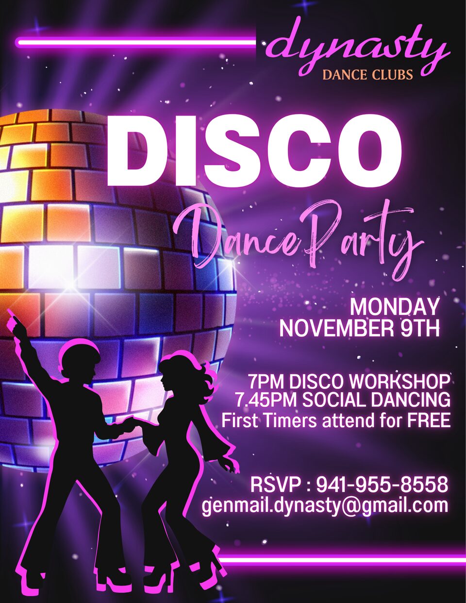 Disco Dance Party at Dynasty Dance Clubs, Monday, November 9: disco workshop at 7 PM, social dancing at 7:45 PM, first timers attend free