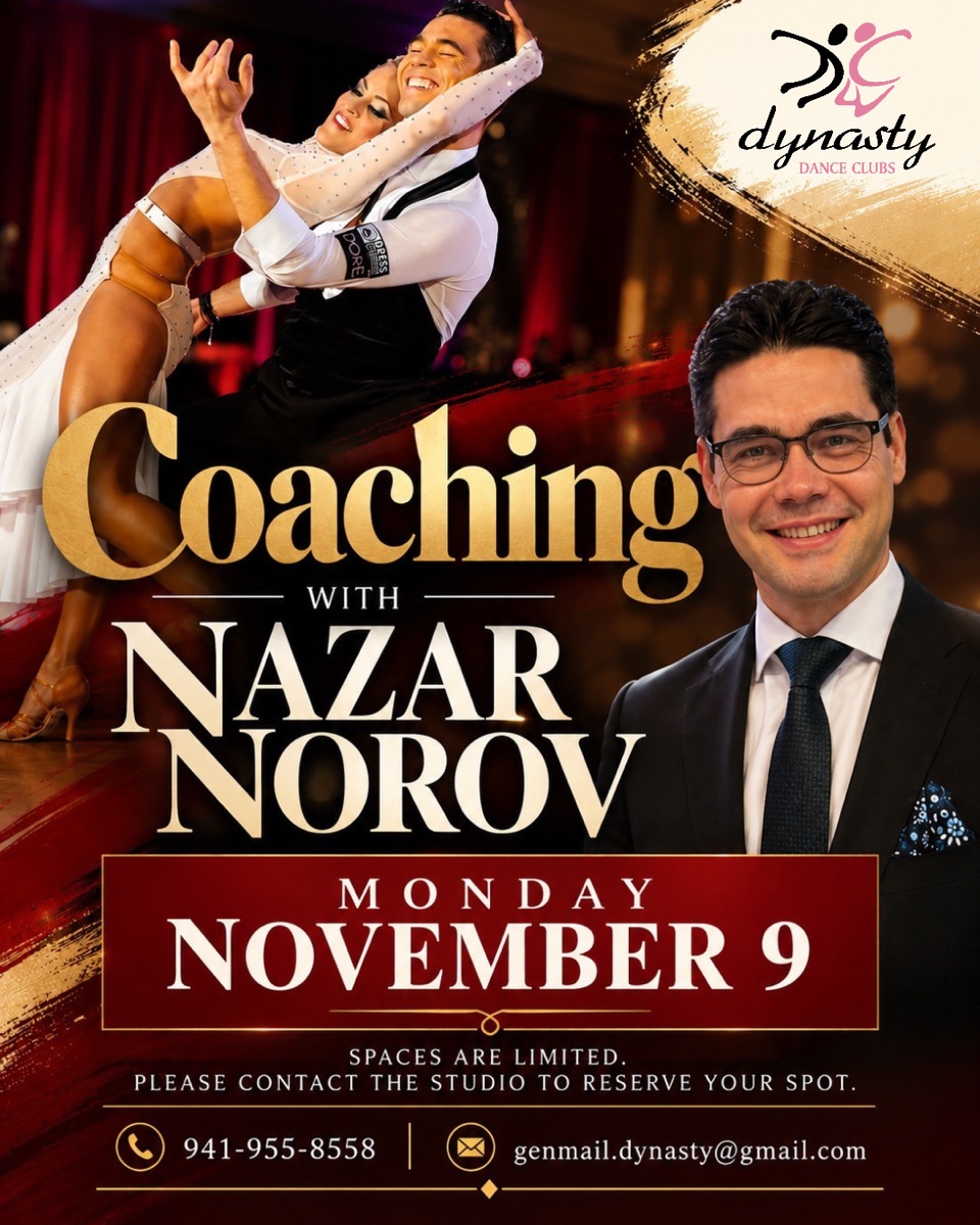 Coaching with Nazar Norov at Dynasty Dance Clubs, Monday, November 9. Spaces are limited, contact the studio to reserve your spot