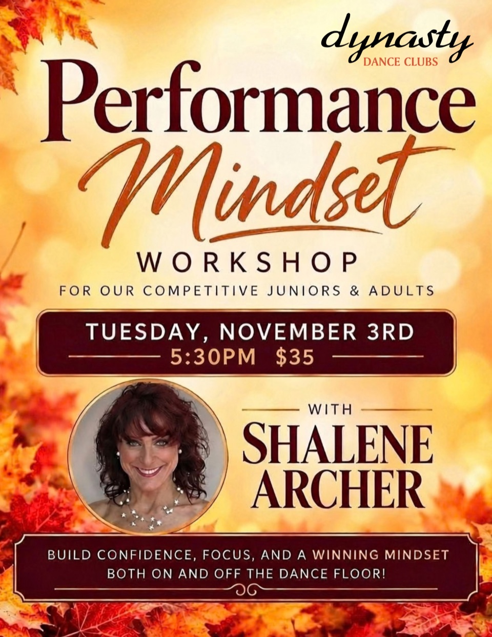 Performance Mindset Workshop with Shalene Archer for competitive juniors and adults, Tuesday, November 3 at 5:30 PM, $35