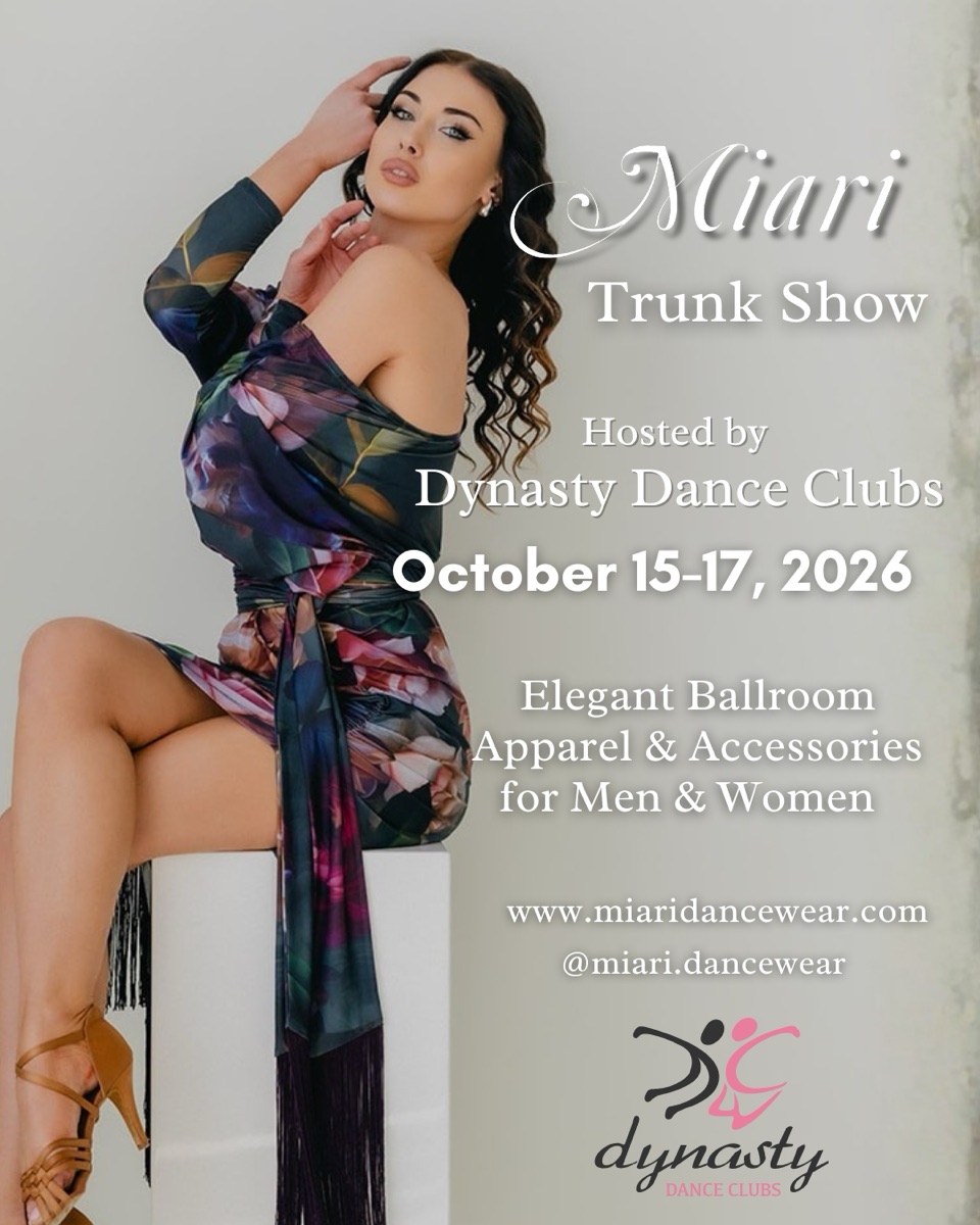 Miari Trunk Show hosted by Dynasty Dance Clubs, October 15 to 17, 2026. Elegant ballroom apparel and accessories for men and women
