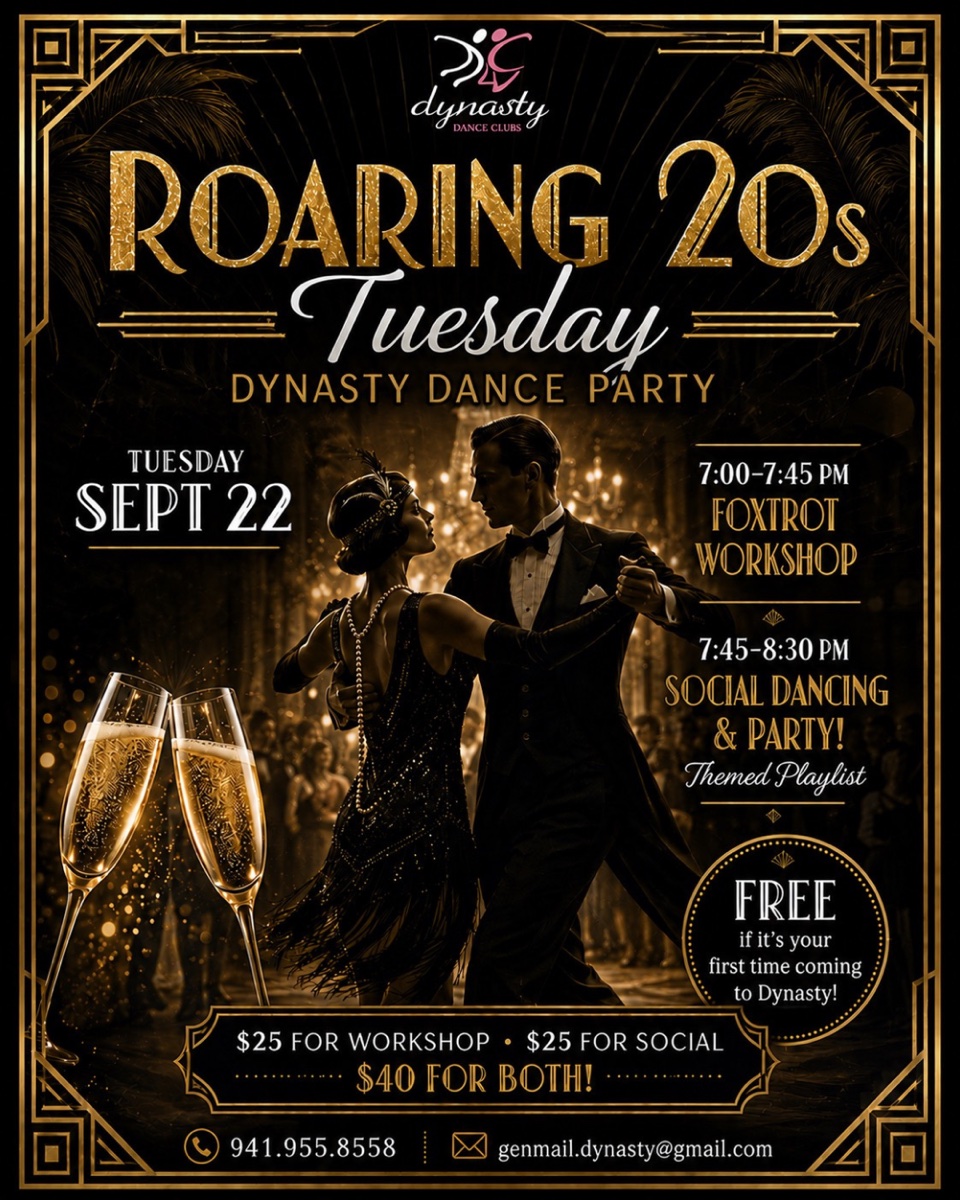 Roaring 20s Tuesday Dynasty dance party — Tuesday, September 22 with foxtrot workshop at 7 PM and social dancing at 7:45 PM
