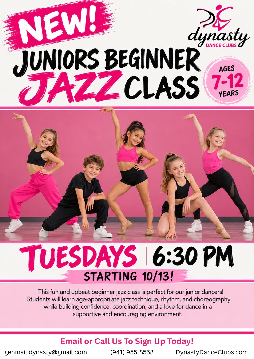 New Juniors Beginner Jazz class flyer: ages 7 to 12, Tuesdays at 6:30 PM, starting October 13, Downtown Sarasota