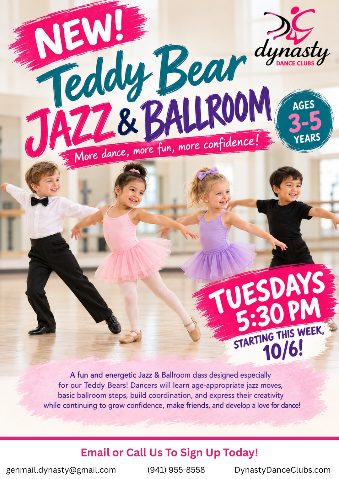 New Teddy Bear Jazz and Ballroom class flyer: ages 3 to 5, Tuesdays at 5:30 PM, starting October 6, Downtown Sarasota